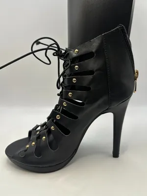 Black Studded Strappy Lace Up Stiletto Heel Ankle Booties Open Toe 6 Rocker Glam thumbnail 1