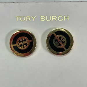 Tory Burch Black & Gold Tone Logo Stud Earrings Butterfly Closure thumbnail 1