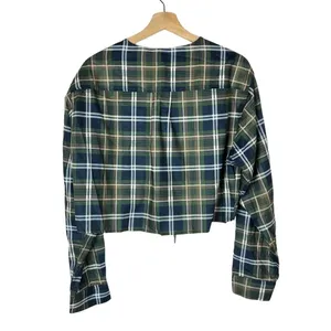 Boutique Green & Blue Plaid Tie Front Crop Long Sleeve Top‎ M thumbnail 3