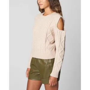 [BLANKNYC] Beige Crew Neck Cable Knit Cut Out Cold Shoulder Sweater Size Large‎ thumbnail 2