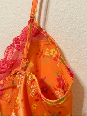 Victoria's Secret Vintage 2001 satin nightie, orange floral print, sz M thumbnail 9