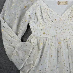 Altard State White Gold Star Tiered Ruffle Mini Dress Size Medium Puff Sleeve thumbnail 5