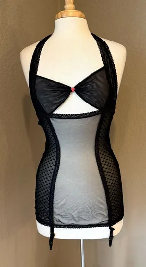 Shirley of Hollywood Black Sheer Lace Garter Lingerie Mini Dress M thumbnail 1