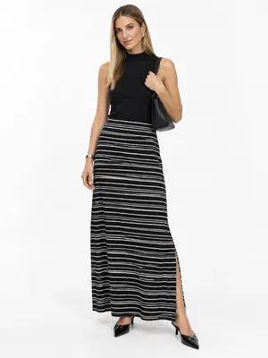 a.n.a Black White Striped Maxi Skirt Small Foldover Waist Stretch Knit Casual thumbnail 4