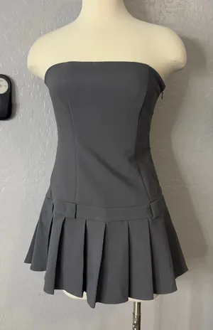EDIKTED Pleated Drop Waist Mini Dress, Dark Gray, M thumbnail 1