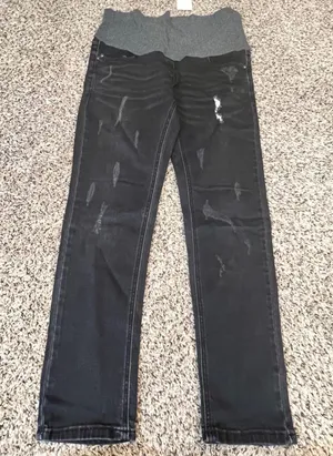 UrbanMA Womens Maternity Skinny Jeans Black Distressed Full‎ Belly Panel Size M thumbnail 1