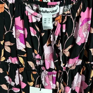Charlotte Russe Pink Floral Puff Sleeve Black Mini Dress NEW Womens M Ruffle Hem thumbnail 7