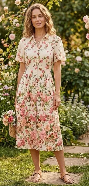 Figueroa & Flower Boho Shirt Dress Medium Beige Floral Cottagecore Retro Prairie thumbnail 1