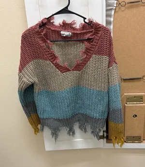 Poof Apparel Distressed Striped Chunky Knit V-Neck Sweater Size S thumbnail 1