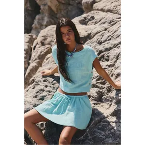Free People Bohemian Beachy Skye Mini Skirt & Top Set Aqua Blue Small NWT thumbnail 2