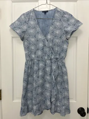 J. Crew Light Blue Denim Floral Printed Faux Wrap Mini Dress - Size Small thumbnail 1