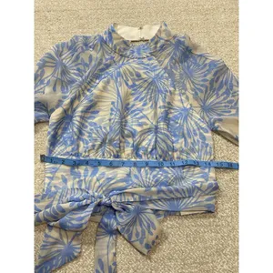 Amanda Uprichard Sheer Floral Cropped Tie Blouse Open Back Mock Neck Blue S thumbnail 12