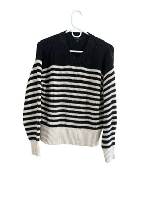 Women's J.Crew Striped V-Neck Sweater, Size M, Black and Beige thumbnail 2