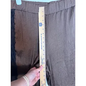 Anthropologie Brown Crinkle Satin Wide Leg Pants Black Lace Trim XL NEW thumbnail 6