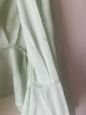 Buckle Light Green V-Neck Peplum Blouse - Women thumbnail 4