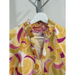THML Women’s Yellow Pink Abstract Swirl Puff Sleeve V-Neck Blouse Top Size M thumbnail 3
