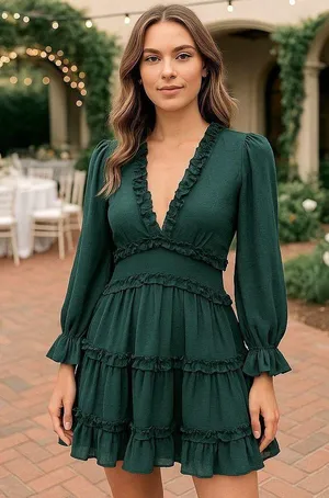 Selfie Leslie Emerald Green Ruffle Tiered Mini Dress Long Sleeve Cutout Size M thumbnail 1