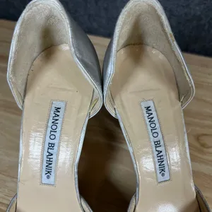 Manolo Blahnik Silver Satin Crystal Buckle Peep Toe d'Orsay Pumps Size 36.5 thumbnail 3