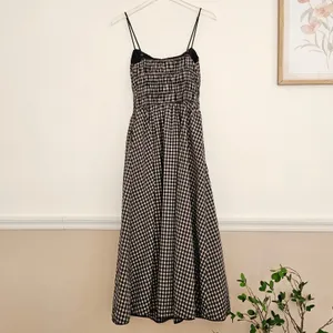 NIA Black Tan Gingham Smocked Midi Thomas Dress Lace Trim Pockets Womens Medium thumbnail 7
