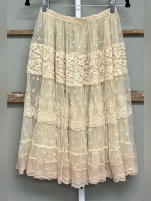 Vintage Boho Fairycore Lace Mesh Tiered Midi Skirt Cream Ivory Sheer Romantic S thumbnail 3
