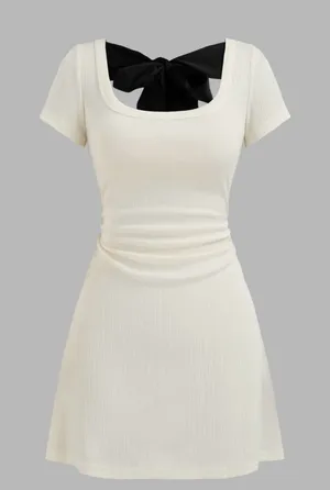 Cider Round Neck Bowknot Ruched Mini Dress thumbnail 1
