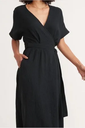 Marine Layer Women's Valencia Wrap Dress Black Midi Cotton Gauze thumbnail 1