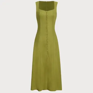 Rihoas Green Square Neck Button Sleeveless Midi Dress thumbnail 6