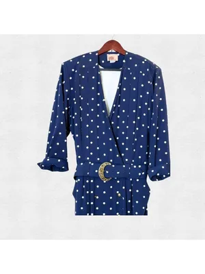 Vintage 80s Katie MFG Navy Blue White Polka Dot Midi Dress Size 16 Rockabilly thumbnail 7
