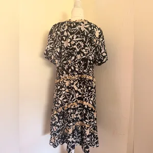 Anthropologie Black Floral Mini Dress with Beige Trim thumbnail 7