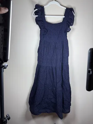 En Saison Tiered Eyelet Ruffle Sleeve Nap Midi Dress Sz XS Navy thumbnail 2
