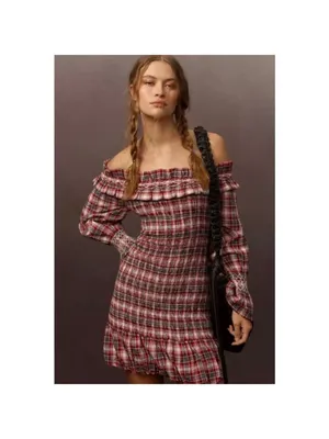 Anthropologie Pilcro Smocked Plaid Off-Shoulder Ruffle Mini Dress M Red White thumbnail 4