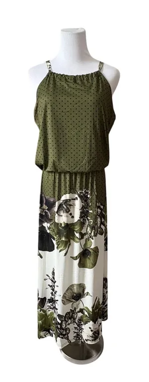 Lily by Firmiana Halter Green Floral Dot Maxi Long Dress LARGE NWT‎ Cottagecore thumbnail 1
