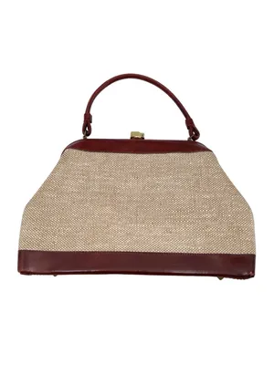 Vintage 50s 60s Top Handle Satchel Bag Red Leather Tweed Purse Midcentury Modern thumbnail 2