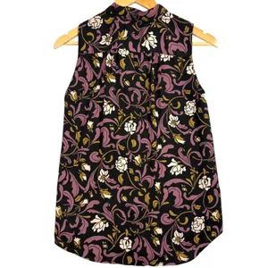 Loft XS Floral Tie Neck Top Sleeveless Black Purple Gold Office‎ Retro Feminine thumbnail 4