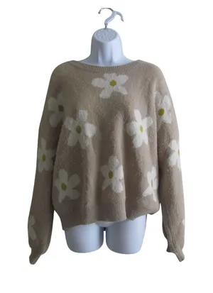 Debut‎ Floral Daisy Knit Sweater M/L Beige Crew Neck Boho Cottagecore CA9820-B thumbnail 1