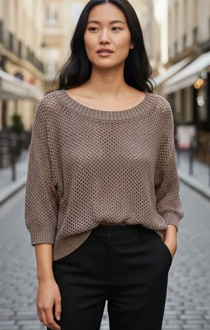 INC International Concepts Taupe Open-Knit Scoop Neck Sweater thumbnail 1