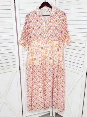 Dolma Kelly Floral Boho Tiered Midi Dress Pink Orange Large Cotton Mosaic thumbnail 8