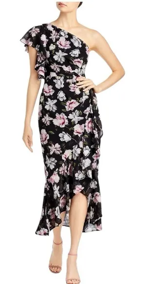 NWT AQUA Formal One Shoulder Ruffle‎ Floral High-Low Midi Dress Black Size 4 thumbnail 1