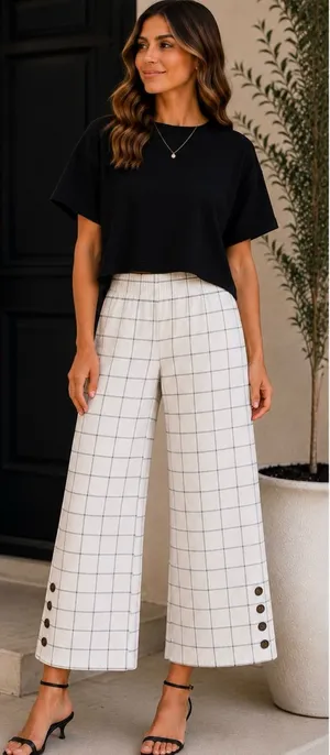 Skies Are Blue Windowpane Plaid Wide Leg Crop Pull On Pants Button Hem Sz S 💛🍄 thumbnail 1