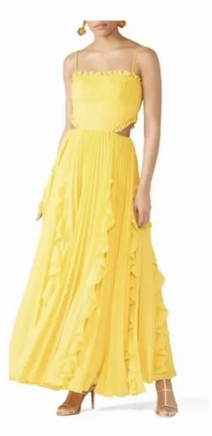 AMUR Maxi Dress Womens 6 Yellow‎ Pleated Cut-Out Ruffle Silk Chiffon Gown thumbnail 1