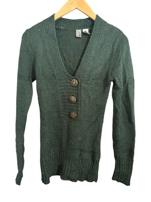 BKE Sweater‎ Womens Small Green V-Neck Ribbed Knit Ornate Button Pullover H72129 thumbnail 1