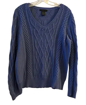 Preswick & Moore Womens Blue Cable Knit V‎ Neck Sweater Size L Cotton Blend thumbnail 1