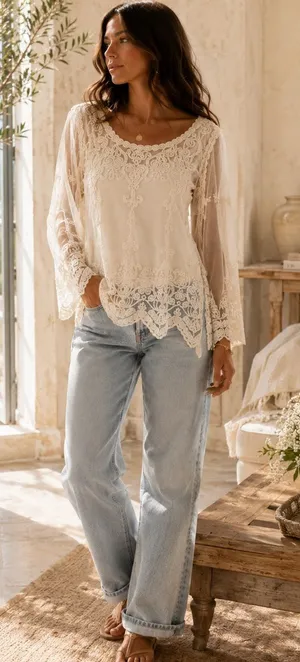 Rock & Roll Cowgirl Romantic Ivory Embroidered Lace Boho Tunic Western Top S thumbnail 1