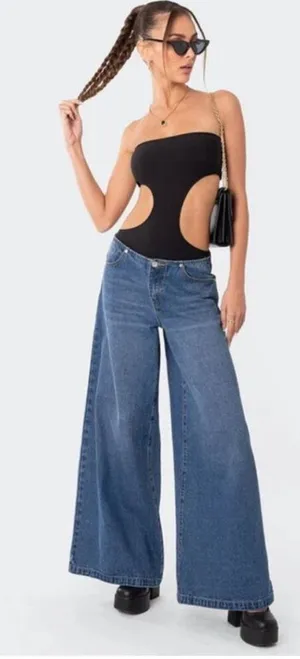 Edikted Vivie Ribbed Cut Out Black Bodysuit thumbnail 1
