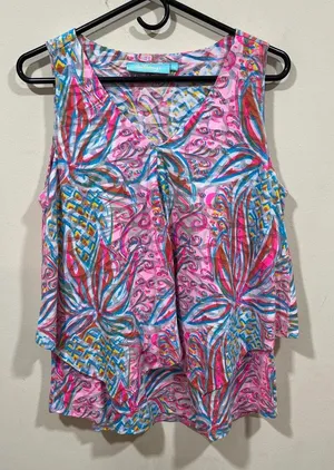 ANTHONY'S RESORT WEAR Floral Sleeveless Layered Tunic V-Neck Top Size medium EUC thumbnail 1