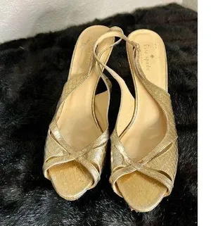 Kate Spade "Genna" Tan/Gold Snake Print Leather Peep Toe Sandals 10 thumbnail 1