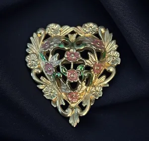 Vintage gold tone painted floral filigree heart brooch thumbnail 1
