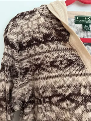 Ralph Lauren Brown & Beige V-Neck Hooded Patterned Sweater thumbnail 4