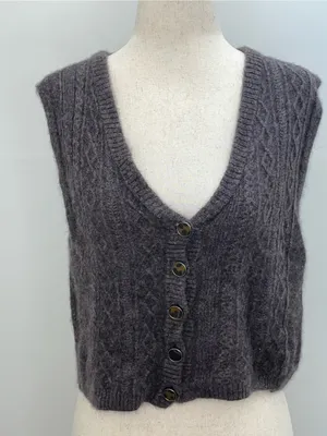 Free People Women’s 100% Cashmere Cable Button Front Knit Sweater Vest Large thumbnail 1