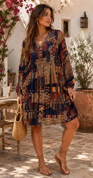 ETHYL Boho Patchwork Geometric Smocked V-Neck Rayon Mini Dress H2507D1-SWANK thumbnail 1